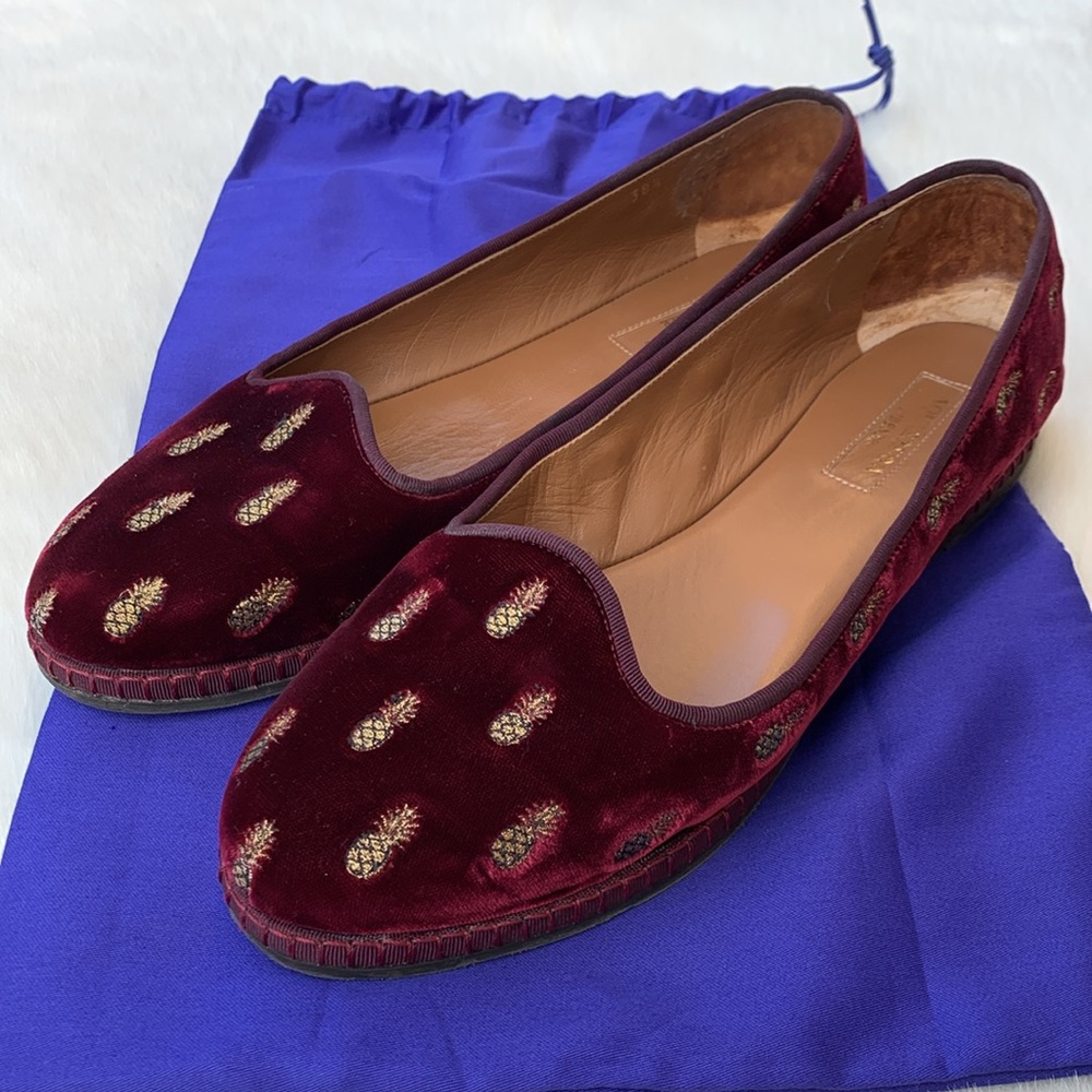 Aquazzura Maroon Velvet Embroidered Golden Pineapple Print Slip-On Ballet Flats - Picture 4 of 15